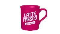 a pink coffee mug that says latte fresco
