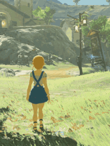 a girl in overalls is walking through a field