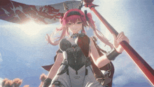 a girl with pink hair is holding a red pole that says ' nintendo ' on it