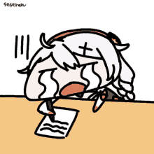 a drawing of a girl with horns writing on a piece of paper with the word segereh below her