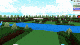 a computer screen shows a golf course with trees and a blue river