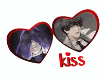 two heart shaped mirrors with the word kiss in red letters