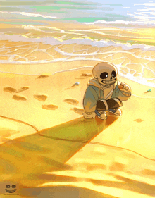 a cartoon drawing of a skeleton sitting on a beach with a watermark that says ' undertale ' on it