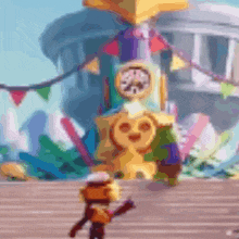 a cartoon character stands in front of a clock tower
