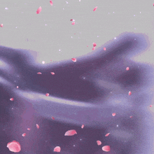 a purple background with petals falling in the air