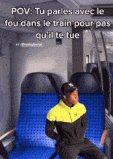 a man wearing headphones sits on a train with the caption pov