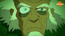 a cartoon of a man with green eyes and a nickelodeon logo behind him