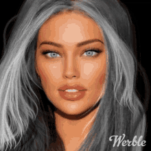 a close up of a woman 's face with gray hair and the words werble below it