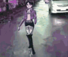 a cartoon character is walking down a street with a white car in the background