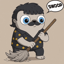 a cartoon of a pug holding a broom with a speech bubble that says swoop
