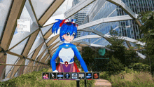 a girl with blue hair is standing in front of a building with a screen that says ' a ' on it