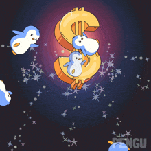 penguins are flying around a dollar sign with the word penguin below it