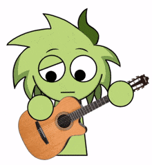 a cartoon character is holding an acoustic guitar with a sad face