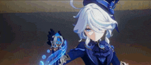 a girl with white hair and a blue hat is holding a sword .