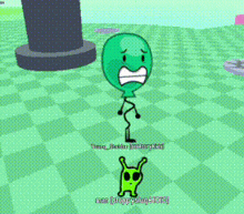 a green balloon is standing next to a green alien in a cartoon scene