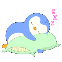 a penguin is sleeping on a green pillow and the letters zzz are above it
