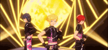 three anime characters are standing next to each other on a stage with a yellow background .