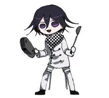 a drawing of a person with purple hair holding a pan and a spoon