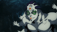 a cartoon drawing of a monster with a child on his back