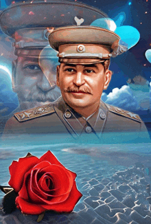 a painting of a man in a military uniform with a red rose in the foreground