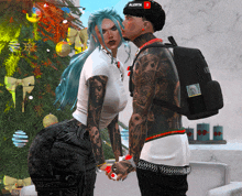 a man and a woman are holding hands in front of a christmas tree with a red alerta icon on their head