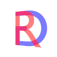 a pink and purple letter r with a blue circle around it on a white background