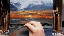 a person is painting a sunset on a canvas with the words made in animatica on the bottom