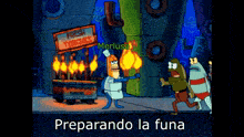 a cartoon scene with a sign that says fresh porches and preparando la funa