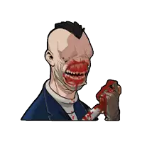 a cartoon of a man with a bloody face holding a bloody knife