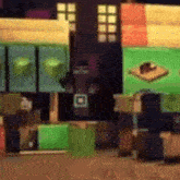a cartoon character is standing in front of a building made of blocks in a minecraft video game .