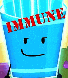 a blue cup with a smiley face and the word immune on it