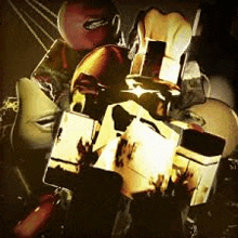 a group of people are standing next to each other in a dark room . one of the people is wearing a helmet .