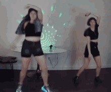 two women are dancing in front of a table with lights on it