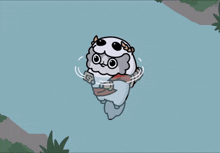 a cartoon drawing of a person swimming in a body of water