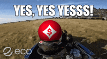 a sign that says " yes yes yesss " with a red ball with a dollar sign on it