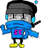 a cartoon drawing of a robot wearing a blue sweater with the letter sc on it