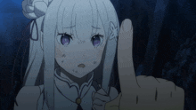 a girl with white hair and purple eyes is pointing at something