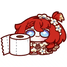 a cartoon of a girl holding a roll of toilet paper .