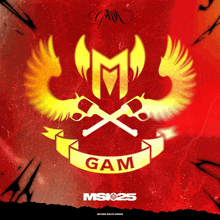 a red poster with a yellow logo that says gam on it