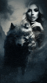 a painting of a woman standing next to a wolf with yellow eyes