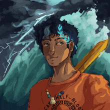 a drawing of a boy holding a sword and wearing a shirt that says half blood