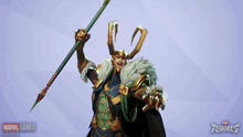 a picture of loki from marvel rivals holding a spear