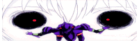 a close up of a purple robot with a red eye .