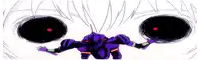 a close up of a purple robot with a red eye .