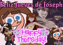 a collage of cartoon characters with the words happy thursday at the bottom