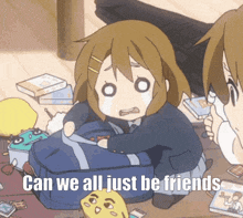 a cartoon girl is sitting on the floor with the words can we all just be friends