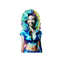 a painting of a woman with rainbow hair and a blue shirt