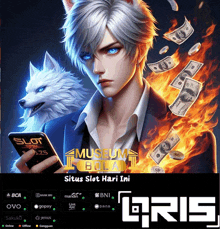a man with blue eyes is holding a cell phone and a wolf is behind him