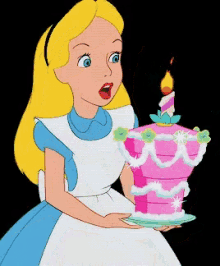 alice in wonderland birthday cake blowing out candles