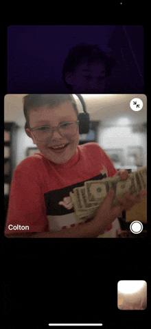 a phone screen shows a boy holding a stack of money and the name colton at the top